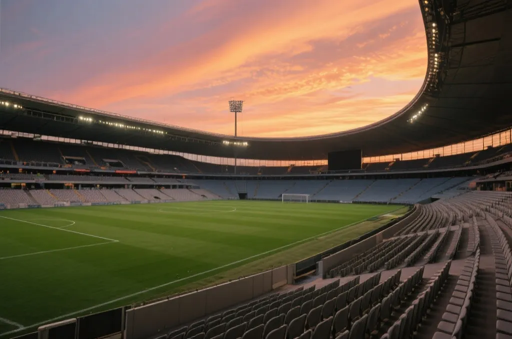 A majestic modern soccer stadium with a lush green pitch under a dramatic sunset