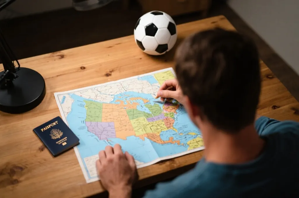 A traveler planning a North American road trip looking at a map on a wooden desk, passport and a small soccer ball nearby