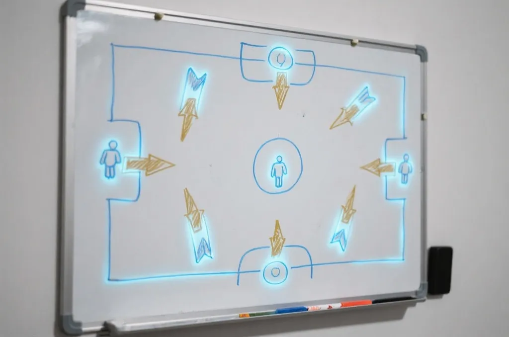 A tactical whiteboard showing football strategies, arrows, and player positions drawn in glowing blue and gold marker, clean minimalist style