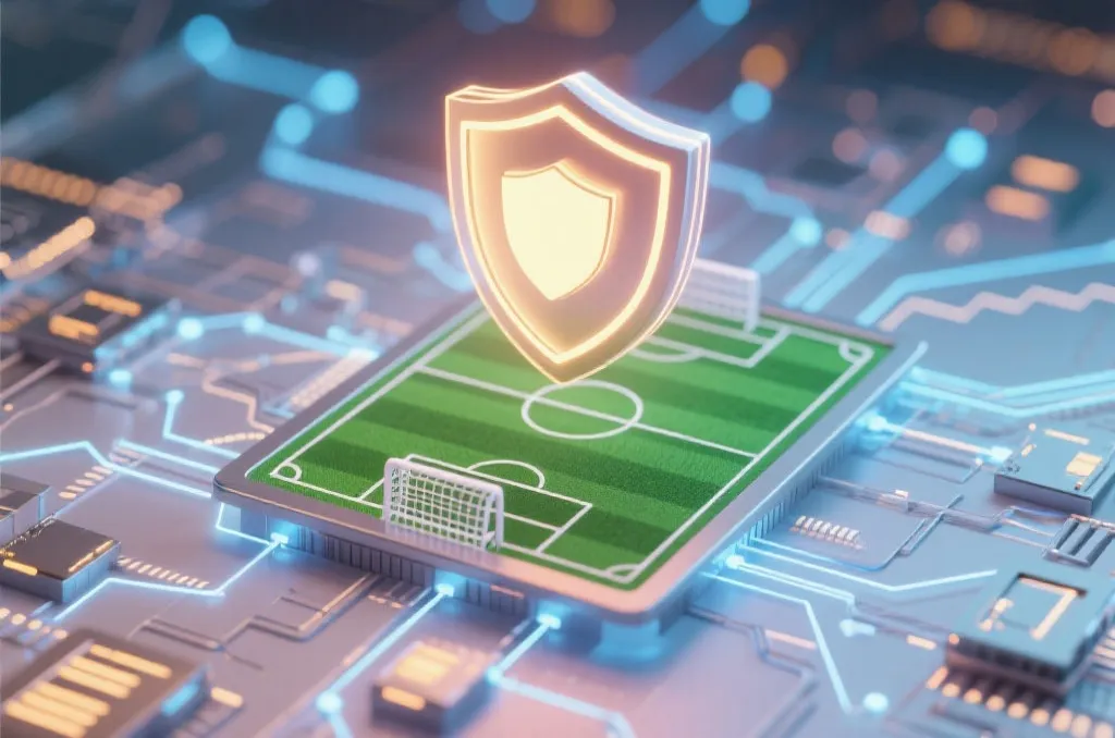 Abstract glowing security shield over a digital soccer field represent cyber protection