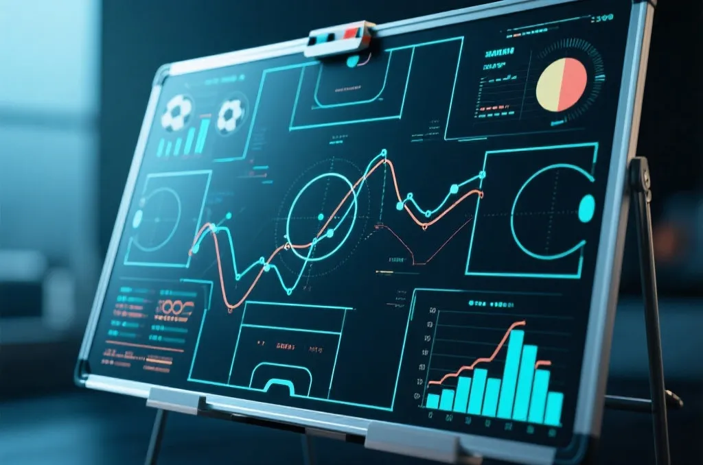 An abstract soccer tactics board with digital graphs and analytical data curves, modern technology theme